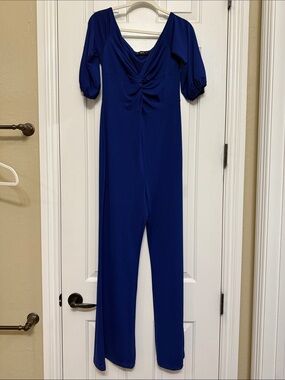 SHEIN Royal Blue Twist-Front Jumpsuit with Puff Sleeves